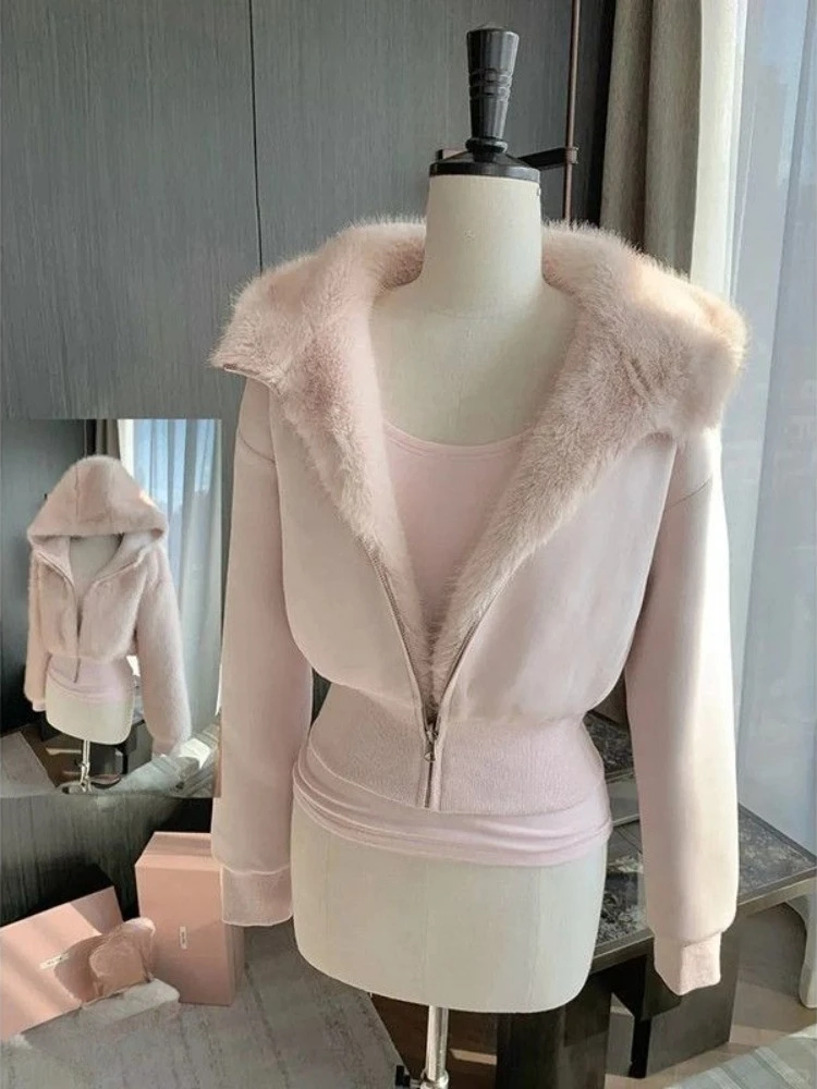 Aesthetic Vintage Hooded Jacket Women Elegan Patchwork Fashion Pink Furry Warm Loose Coats Chic Sweet Casual Sweatshirt 2025 New