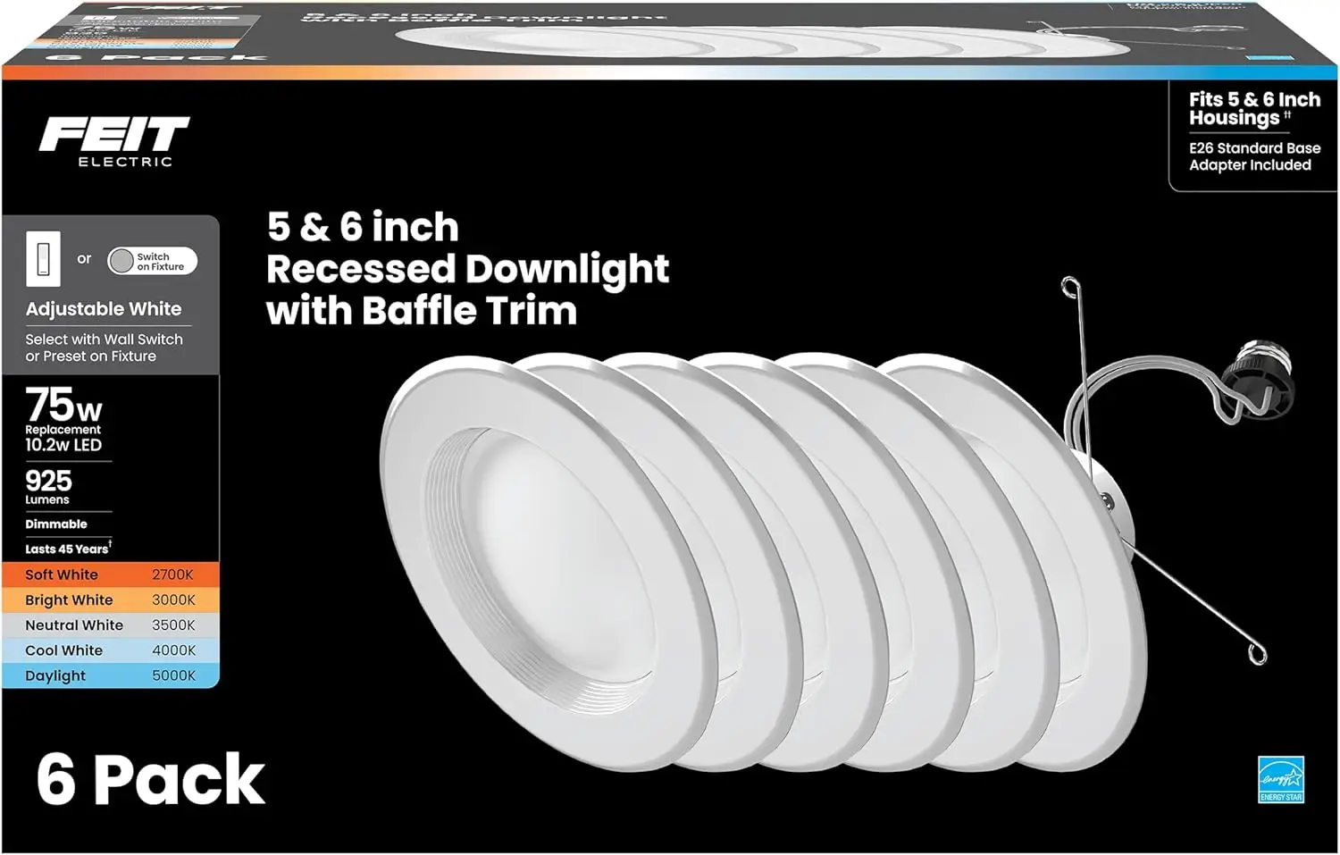 

LED Downlight Retrofit Kit, 5/6-Inch Dimmable, 75W Eq, 2700K-5000K Adjustable White, 90+CRI, 50K-Hour