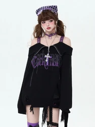 QWEEK Gothic Goth Harajuku Off Shoulder Oversize Sweater Grunge Design Sexy Letter Print Long Sleeve Black Pullovers 2024 Autumn