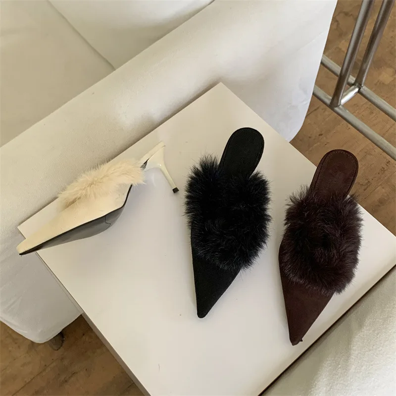 

Lady Pointy Fine Heel Bao Toe Slippers French Muller Fashion Wear Fluffy High Heels Half Slippers