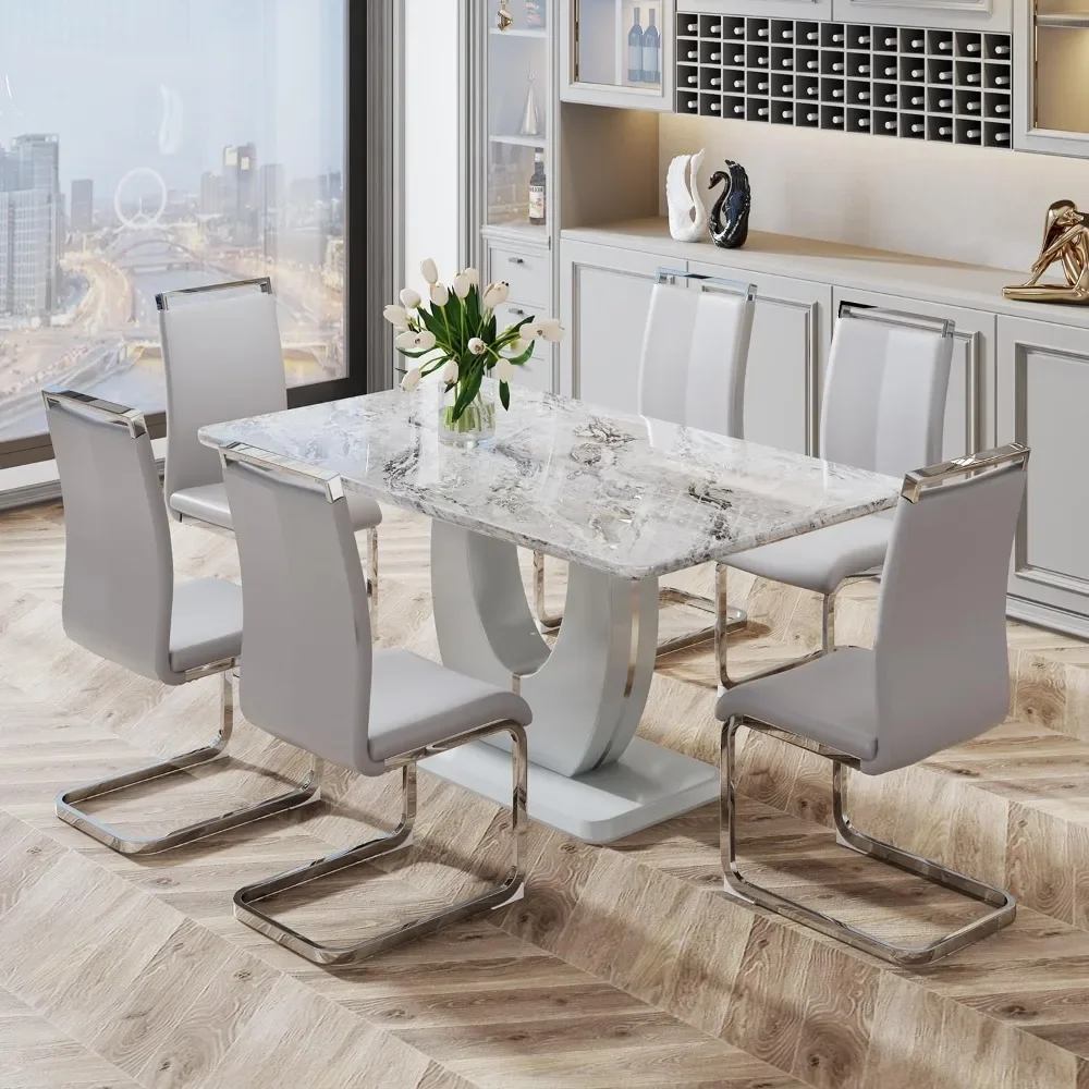 Modern dining table set for 6 people, rectangular dining table with artificial marble tabletop and 6 Pu leather cushioned chairs