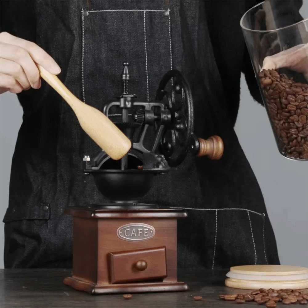 Hand Cranked Vintage Coffee Bean Grinder Manual Wood Coffee Mill Burr European Style Adjustable Particle Size