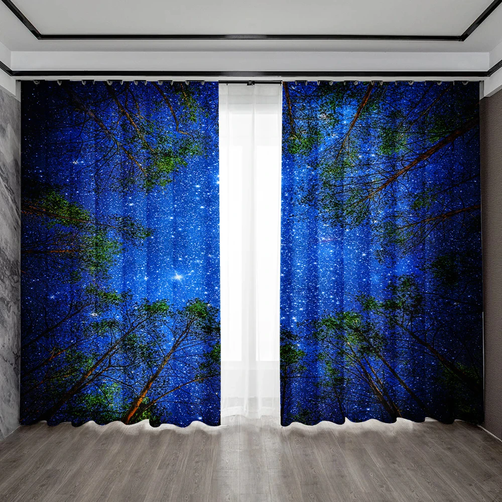 2PC Home Decoration Curtains, Dark Blue Forest Night View, City Night View Pattern Decoration Background, Modern Printed Curtain