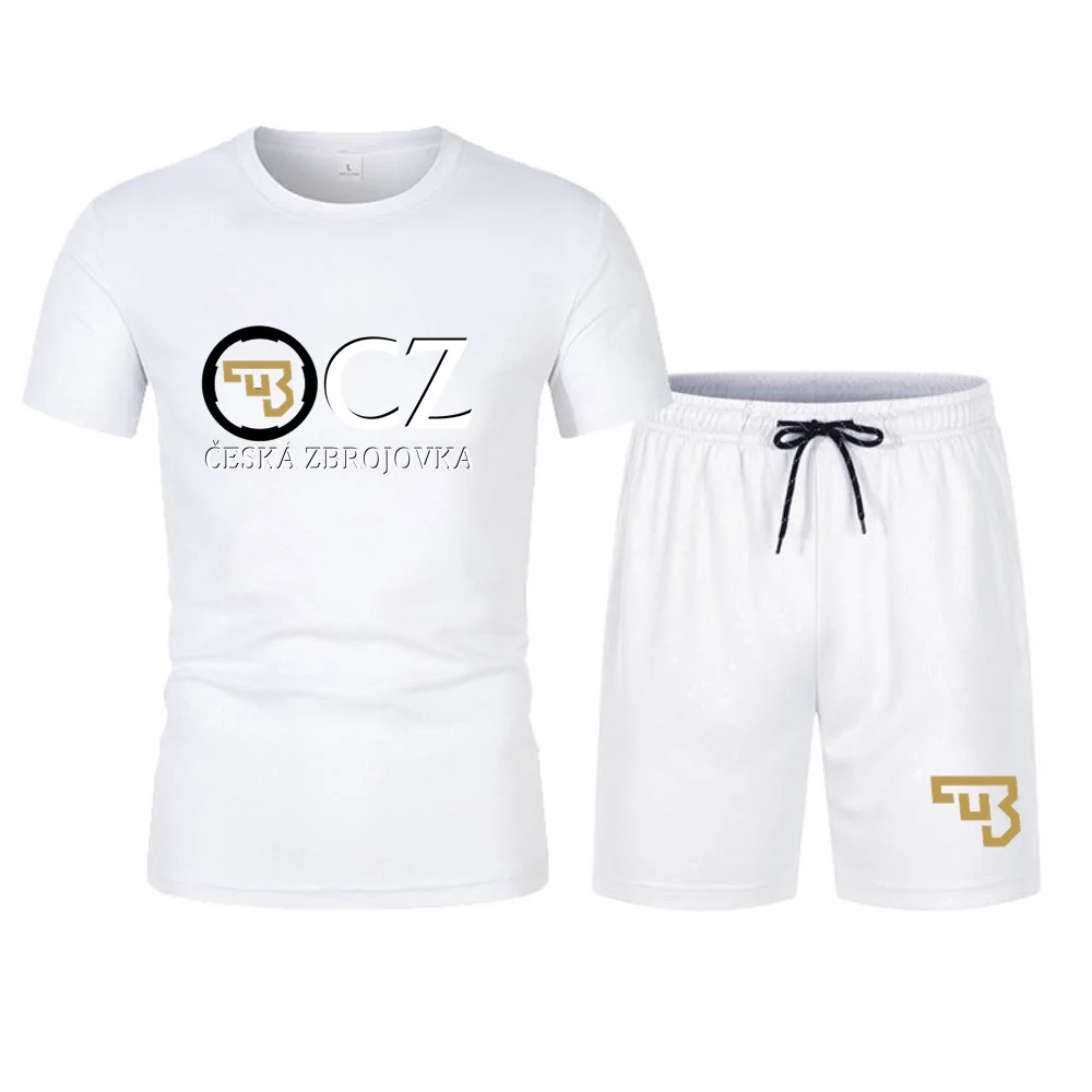 Camiseta e calções de malha respirável de secagem rápida masculina, conjunto de roupas esportivas masculinas, armas de fogo CZ, camiseta fitness,