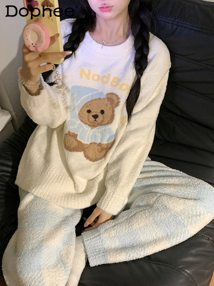 

2025 New Korean Version Ins Cute Bear Thin Velvet Pajamas for Women Autumn Winter Thickened Coral Fleece Warm Homewear