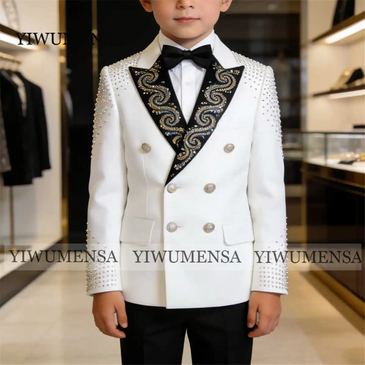 

Exclusive Design Beaded Crystals Boy Wedding Suits Black Peaked Label Blazers Customized Children Party Tuxedos 2Pc Kids Attire