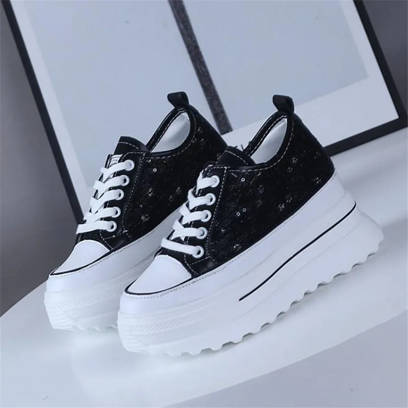 2024 Women\'s Sneakers Spring Sequined Casual Shoes Women Platform Heels Wedges Height Increasing Vulcanized Shoes 9cm