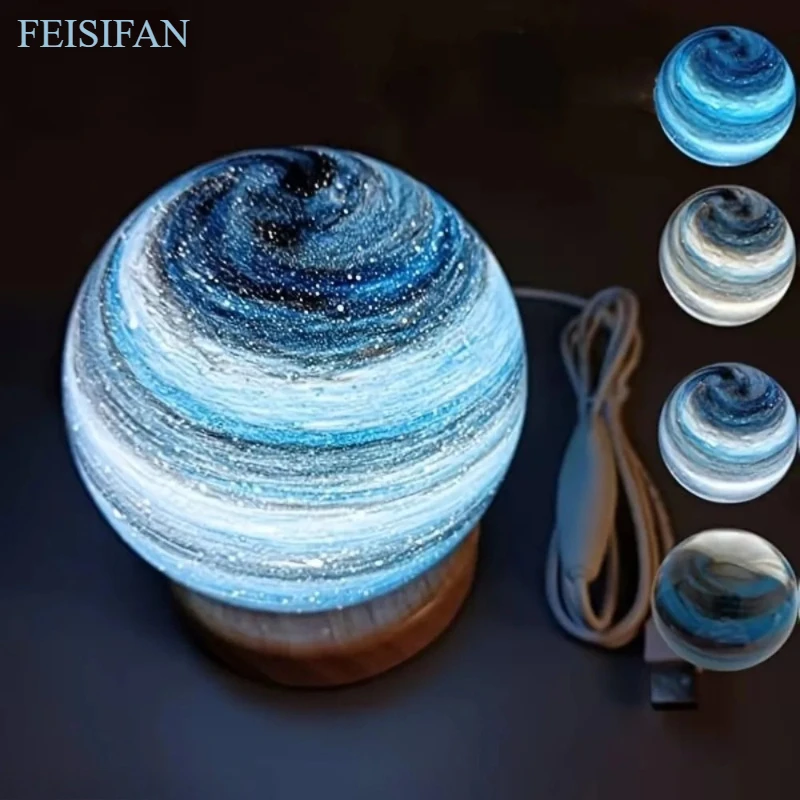 USB Powered 3D Moon Lamp, Mini Planet Glass Night Light with Wooden Stand, Creative Decor Lamp Birthday and Christmas Gifts