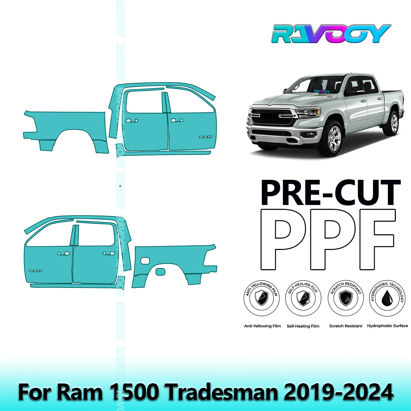 ل Ram 1500 Tradesman 2019-2024 8.5mil واضح ماتي قبل قطع باب PPF ومجموعة عمود A/B مجموعة طبقة حماية الطلاء من البولي يوريثان #1