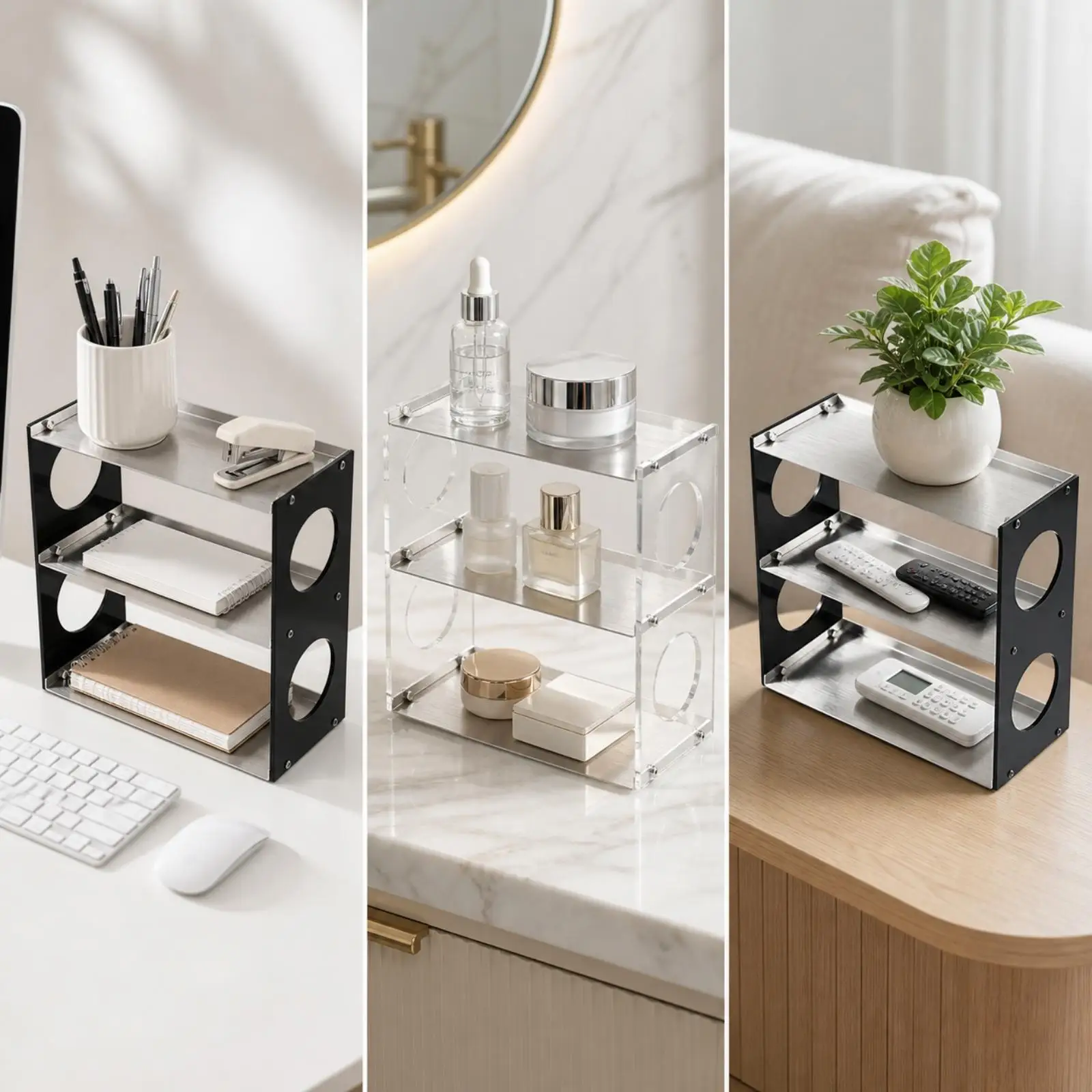 Metal Rack for Countertop Organizer Three Tier Rectangular Open Shelf with Acrylic Sides for Bathroom Bedroom Kitchen