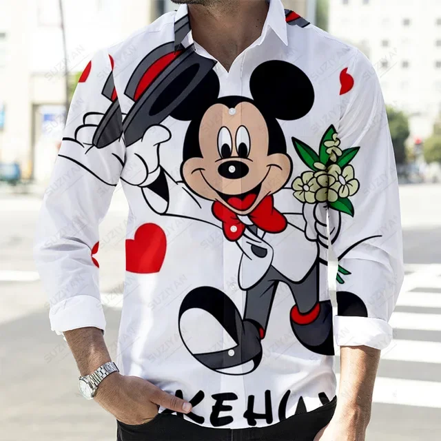 Disney Mickey Long Sleeve Shirt Fall New Casual Button Long Sleeve Shirt Disney Donald Duck and Goofy 3D Fashion Men\'s Lapel Top