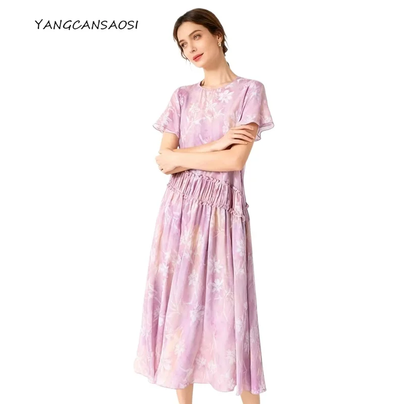 

Romantic Pink Purple Ink Print 100%Natural Mulberry Silk Crepe De Chine Sloping Waistline Women's Round Neck Short Sleeved Dress