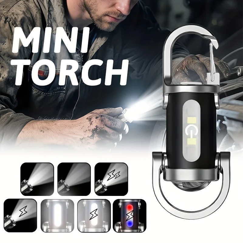 Mini Keychain Flashlight Rechargeable Pocket COB Working Light Outdoor Hook Emergency Warning Light for Camping Walking Hiking