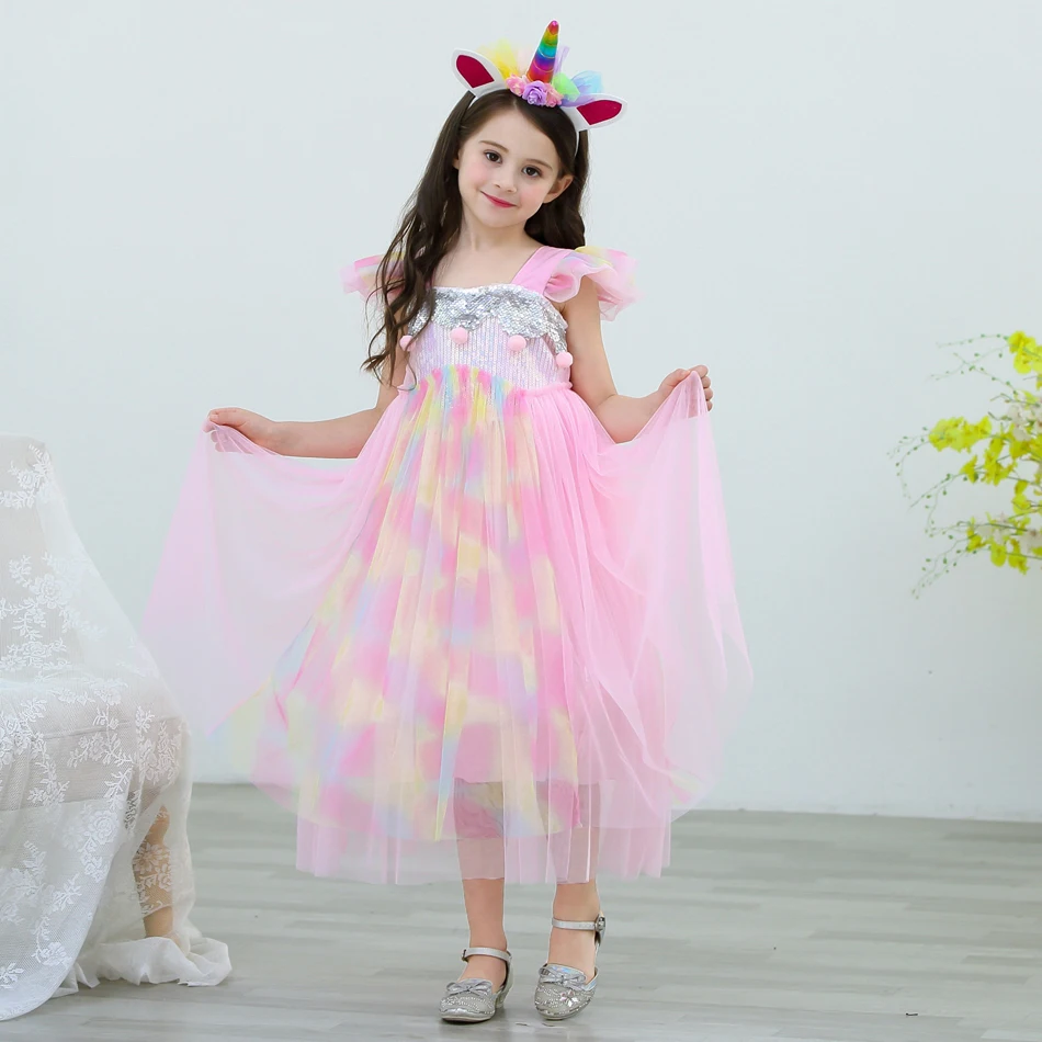 Girl Unicorn Cosplay Dress Children Party Birthday Princess Costume Sleeveless Trailing Wedding Christmas Outfit Girl Clothing