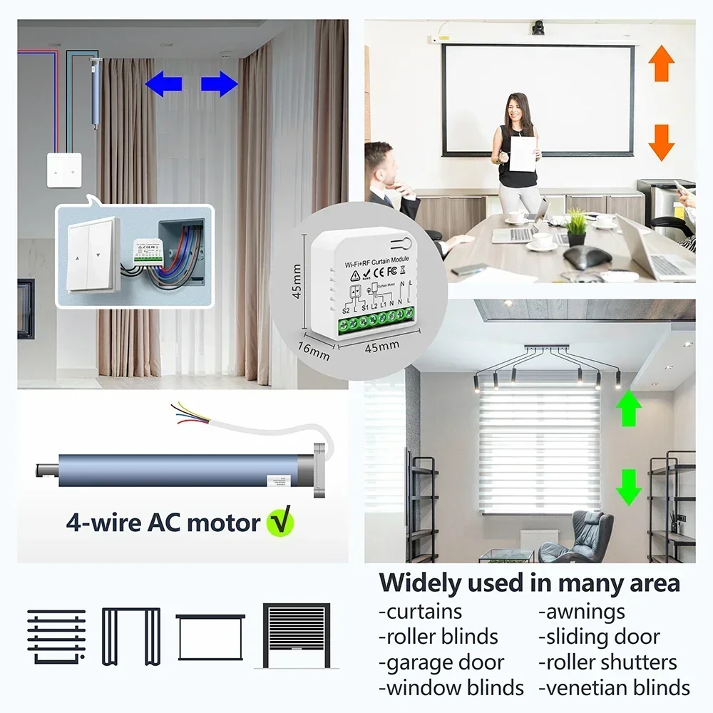 Tuya WiFi RF Roller Shutter Curtain Wireless Switch,Smart Module for Blind/garage door,5-in-1 Remote,Work with Google Home Alexa