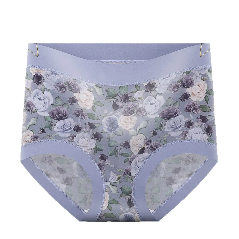 3XL Plus Size Women Ice Silk Flower Print Smooth Underwear High Waist Stretch Breathable Seamless Quick Drying Panties Breifs