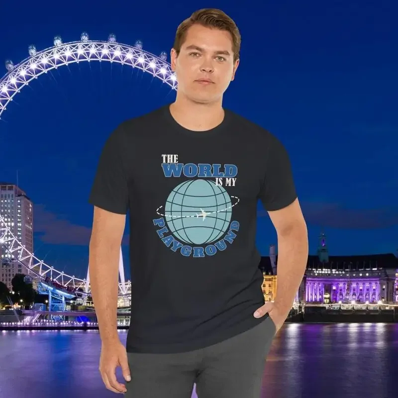 Travel Quote T Shirt 'The World Is My Playground' Plane Around Globe WanderlusT Adventure Top Traveler Aviation