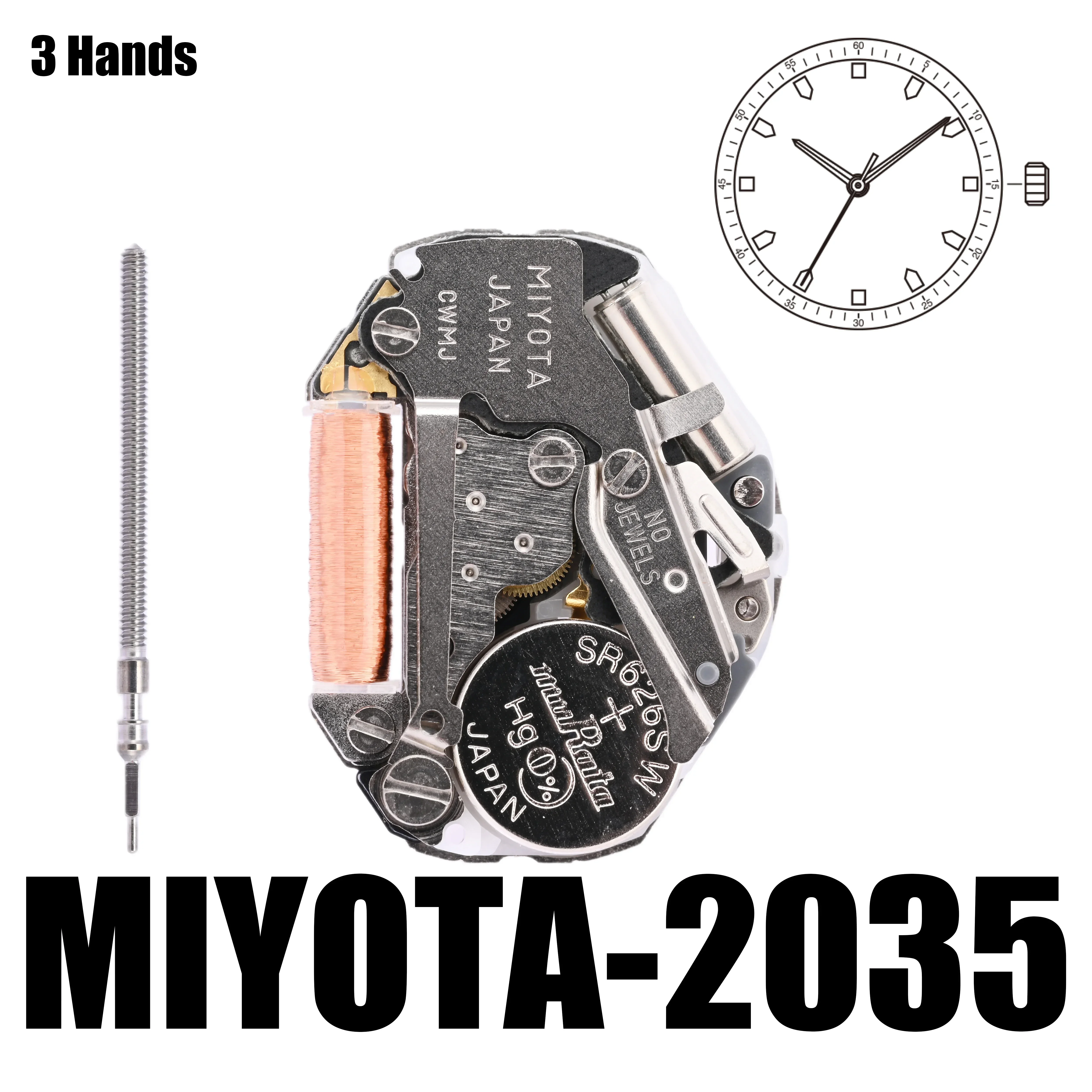 Miyota-標準の石英動きホワイト、3つのハンドサイズ、3、4x8 \'\'、高さ3.15mm、エンジン、金属の動き、日本製、2035