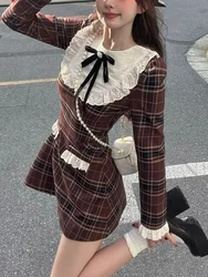 2024 Korean Preppy Style Mini Plaid Dress Women Vintage One Piece Dresses Y2k Jk Uniform Long Sleeve Tunic Princess Vestidos