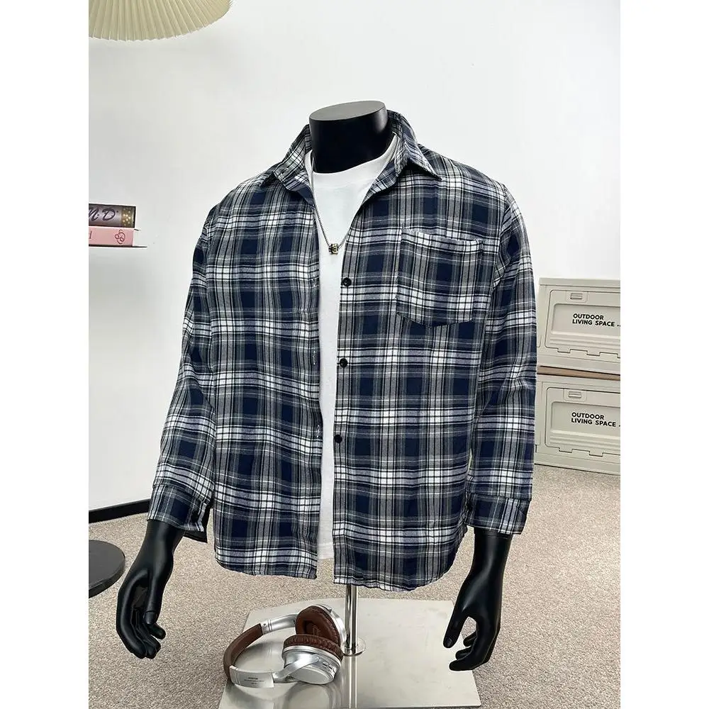 American Style Retro Plaid Brushed Long Sleeve Men's Women's Shirt Vintage Loose Couple Jacket Polyester Standard Fit Shirt