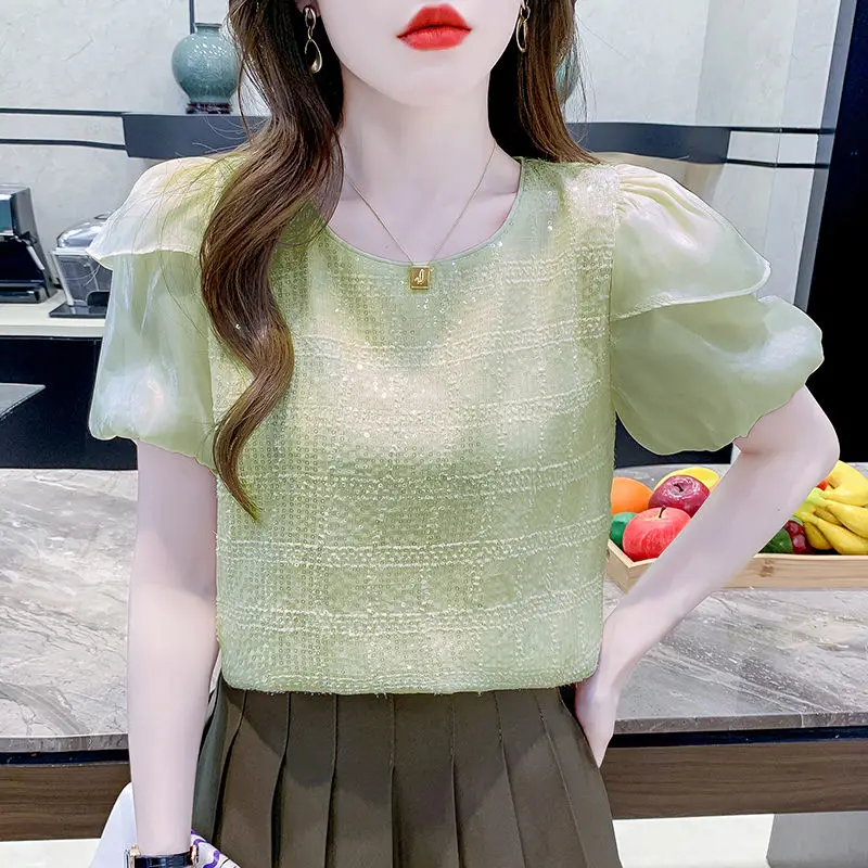 

Elegant O-Neck Spliced Sequined Gauze Puff Sleeve Blouses Women's Clothing 2024 Summer New Loose Casual Tops Office Lady Shirts