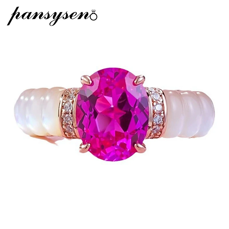 PANSYSEN Luxury 925 Sterling Silver 7*9MM Oval Cut Sapphire Pinctada Albina Ring for Women Wedding Engagement fine Jewelry Gift