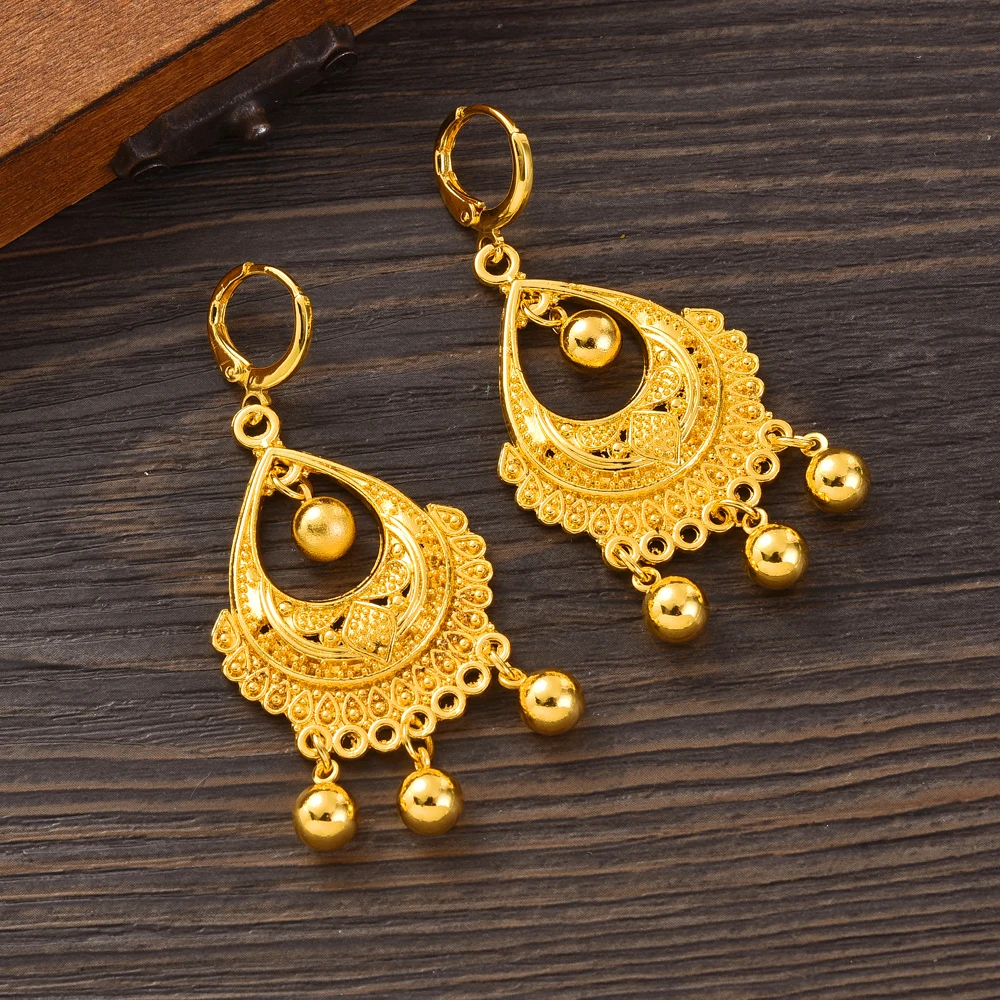 Ethnic Women Big Gold Color Dangle Africa Earrings Pendant Golden Braidal Jewellery Set