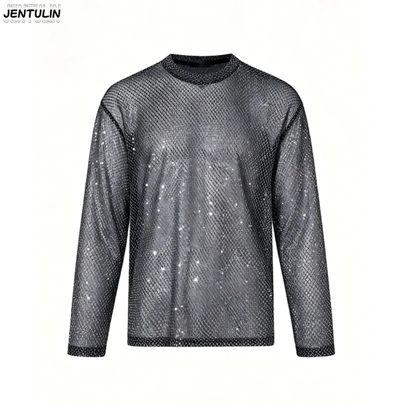 Men's Sheer Mesh Sequin Long Sleeve Top - Sparkly  See-Through Crew Neck Shirt,  Lightweight Glitter Layering Blouse For Men