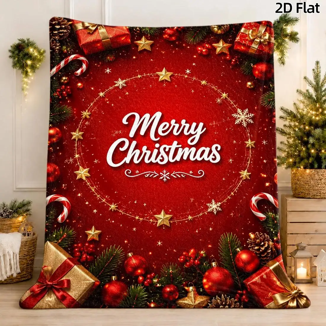 1pc 2D Flat DIY Coloring Throw Blanket, Merry Christmas Text & Tree Line Art, Vintage Poster Gold Star Red Background Decor