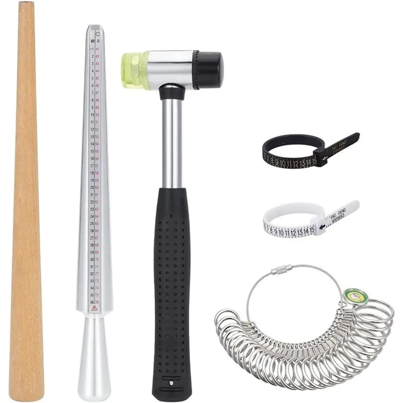 

Молоток для ювелирных изделий AB15, для оправок колец, деревянная полировочная палочка, набор инструментов для измерения размера колец (6 предметов) - для изготовления и ремонта колец