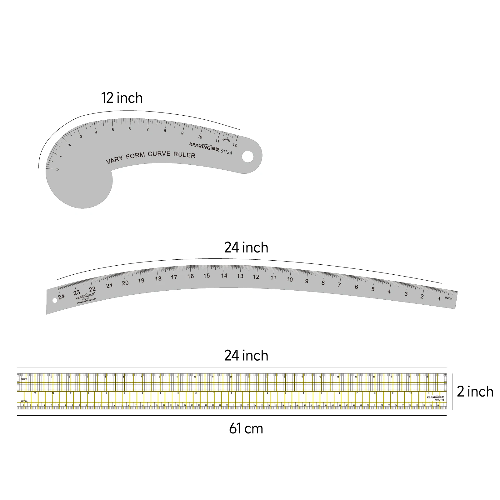 Kearing Fashion Designer\'s Ruler Kit Aviation Aluminium Vary Form French Curve Ruler Hip Curve Ruler L-Square Ruler