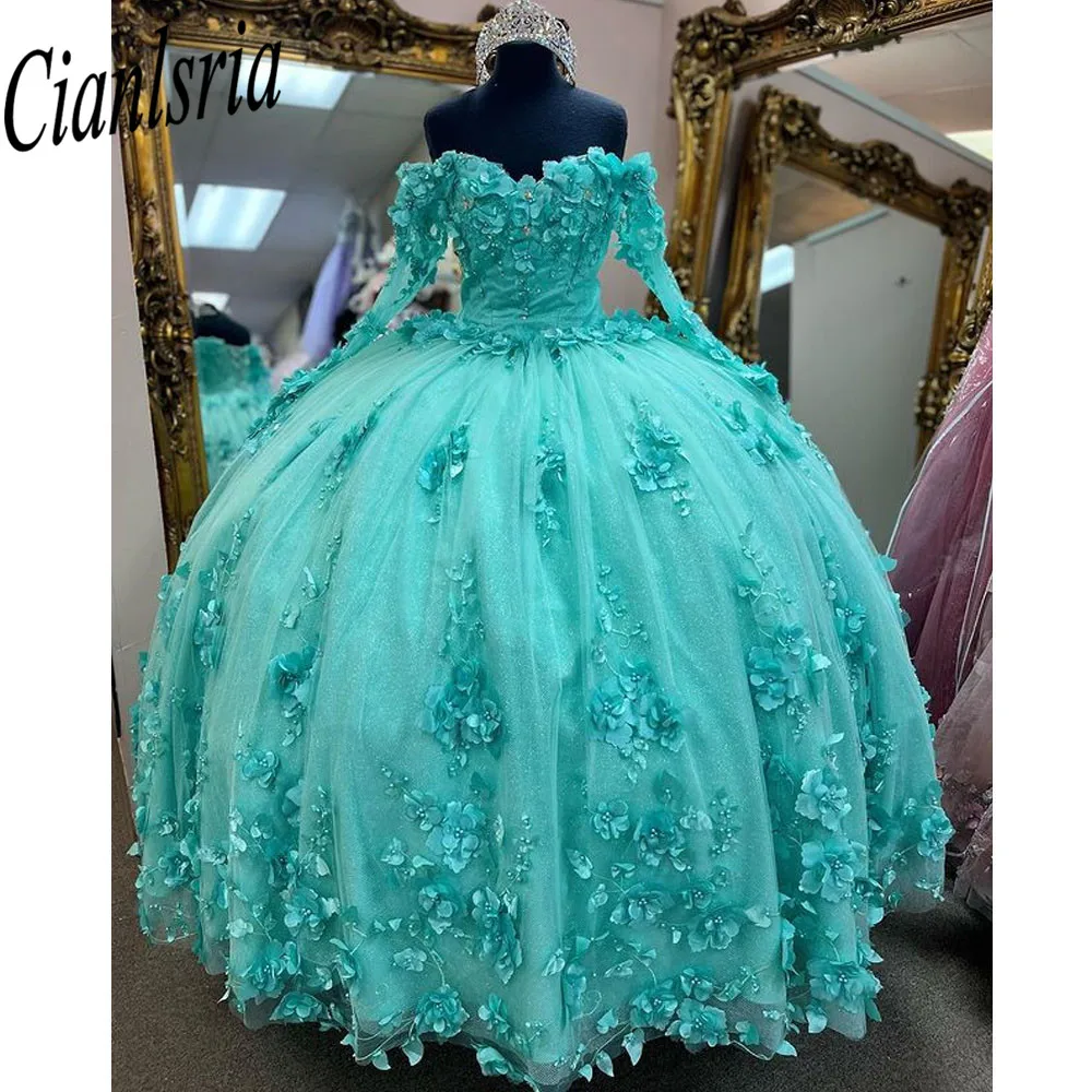 

Quinceanera Dresses Beaded Pearls 3D Flowers Spaghetti Ball Gown Sweet Sixteen Dress Wedding Gowns Tulle vestidos de