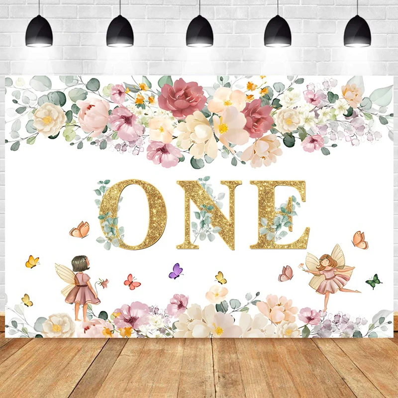 

Little Fairy is Turning One Backdrop First Birthday Girl Party 1 Year Decoration Banner Butterfly and Flower Background Photo