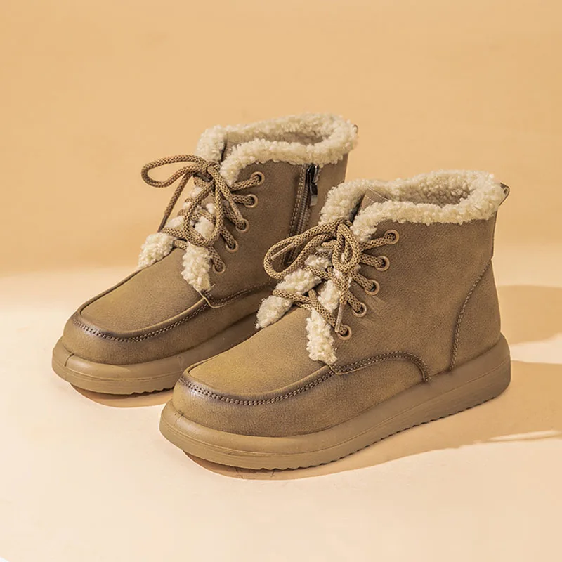 النساء أحذية الثلوج جلد طبيعي الشتاء الأحذية الدانتيل متابعة صوف الضأن الشتاء الدافئ السيدات أحذية جولة تو شقة أحذية بوت قصيرة WSH5243 #2