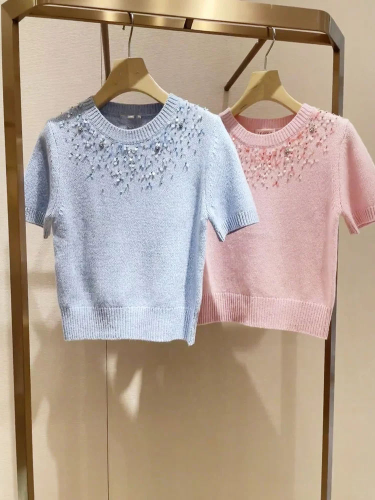 Ele ort Sve Suéter de punto para mujer Slim Fit redondo Ne Glitter Top Versión de gama alta Euro Sle Heavy Du Sweet Sof...