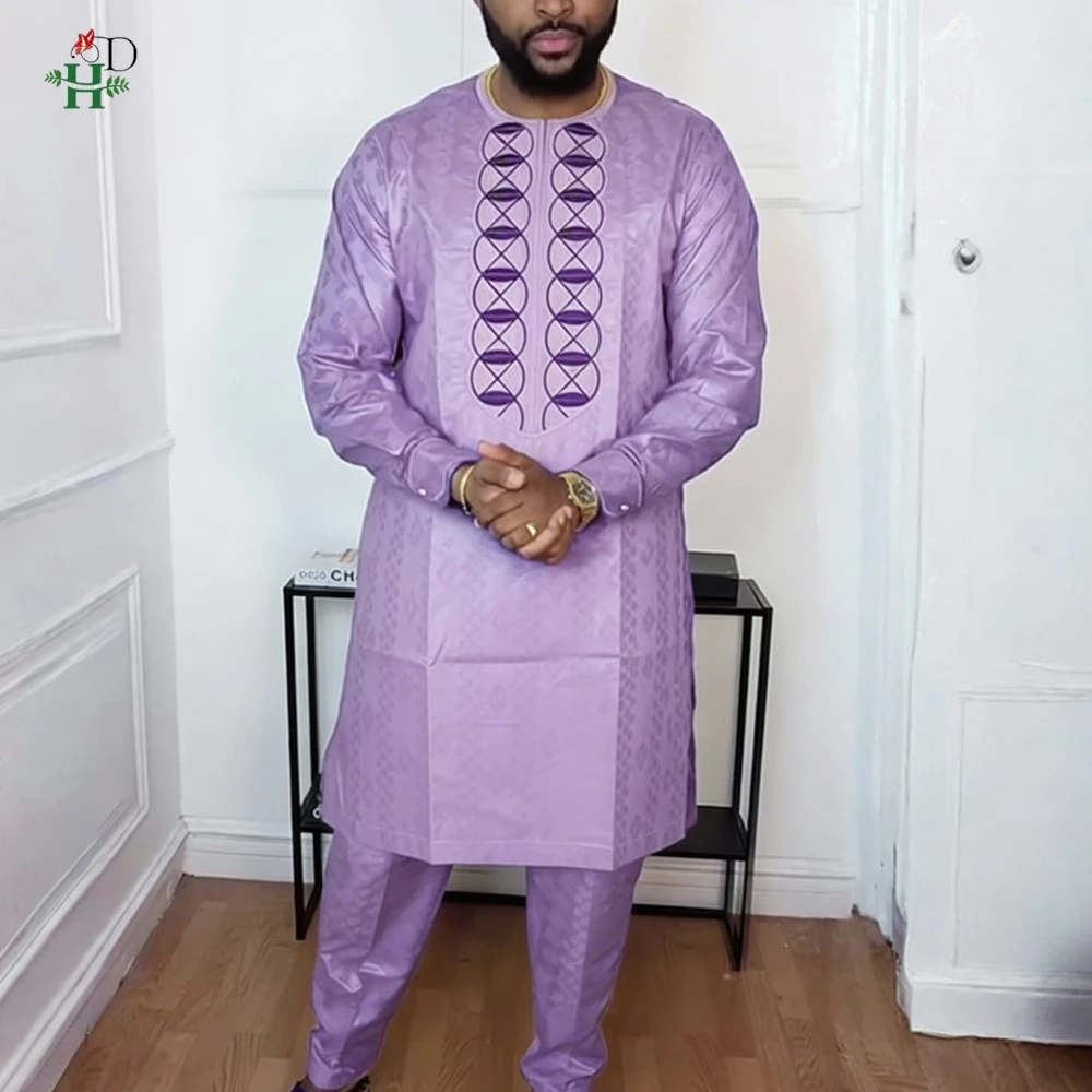 

H&D African Clothing For Man Traditional Agbada Sets 2PCS Purple Bazin Riche Shirt Pant Embroidery Wedding Party Suits Plus Size