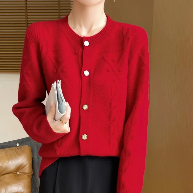 

25. весенне-осенний новый шерстяной кардиган с круглым вырезом для женщин, шерстяной свободный утолщенный вязаный свитер, зимний топ