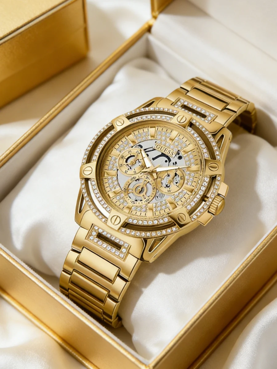 

Женские часы GUESS: роскошные, с кристаллами, многофункциональные, золотые/розово-золотые, с браслетом из нержавеющей стали, для вечеринок, подарков и повседневной носки