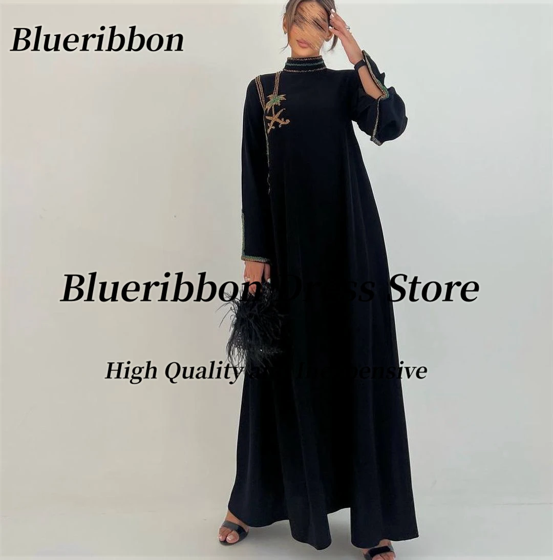 Blueribbon-Vestido de baile frisado gola alta feminino saudita, mangas compridas, vestidos de festa, preto, 2022