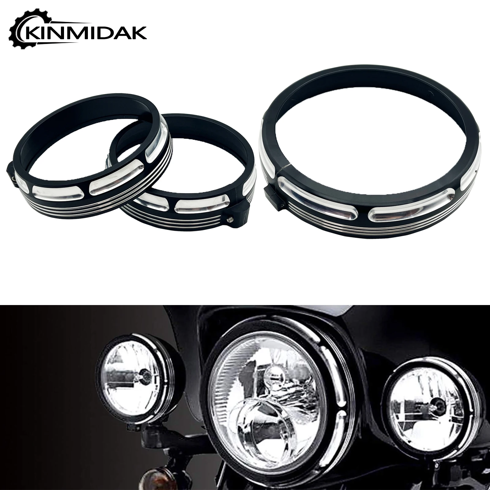 

Motorcycle Black 7" Burst Headlight Trim Ring 4.5'' Auxiliary Light Passing Lamp Bezel For Harley Touring Street Glide Road King