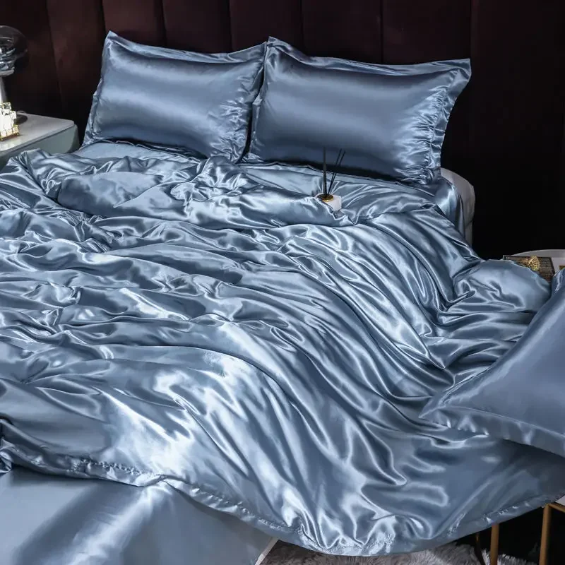 

Luxury Ice Silk Bedding Set Satin Silky Duvet Cover Set With Pillowcase High-end Home Textiles Solid Color Bed Cover Sets