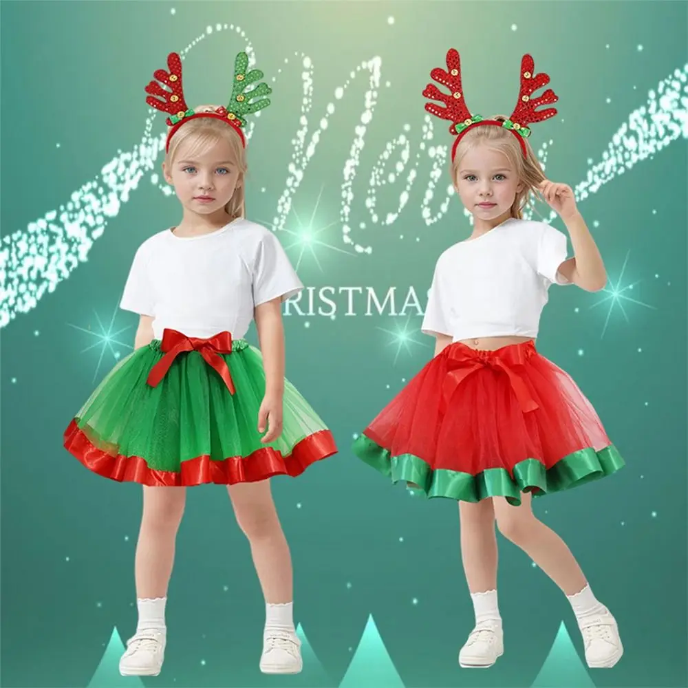 Cute Christmas TUTU Skirt Set for Kids 2-Piece Set Party Children's Tulle Skirt for Height 80-140cm Antler Headband