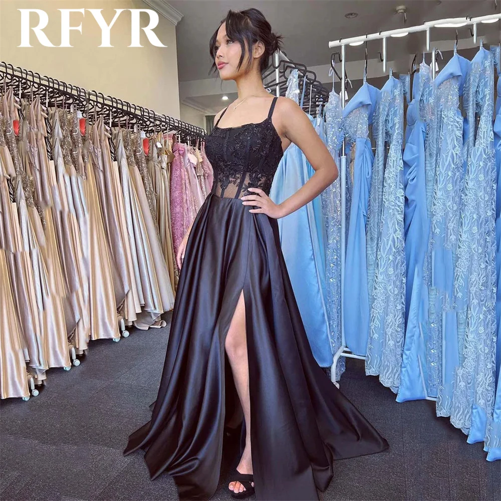 

RFYR Appliques Black Prom Dresses Spaghetti Strap A Line Evening Dresses With High Split Square Collar Stain платье на выпускной