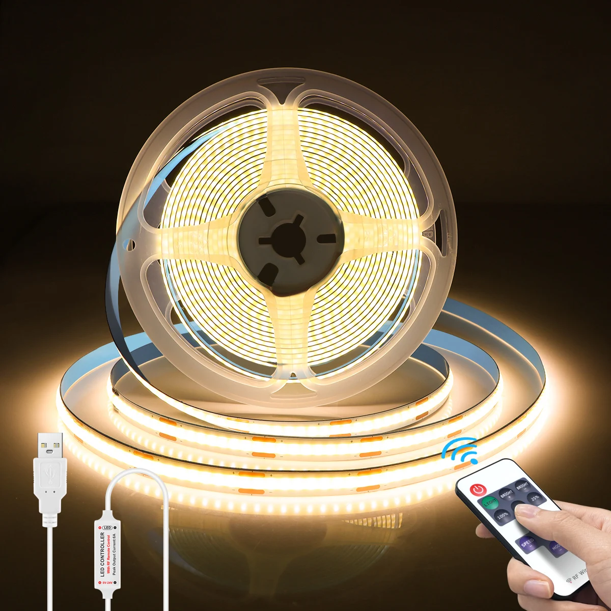 

Linear Dimmable COB LED Strip DC 5V USB With RF Remote Control 320LEDs/M Flexible LED Tape Ribbon for Room Decor Lighting
