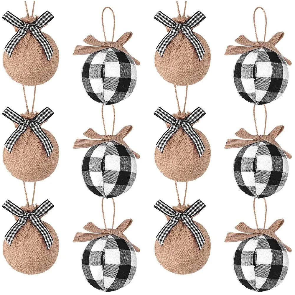 Christmas Tree Ornaments, 12 Pcs 2-1/2 Inches White Black Buffalo Check Plaid Stitching Burlap Christmas Decorations