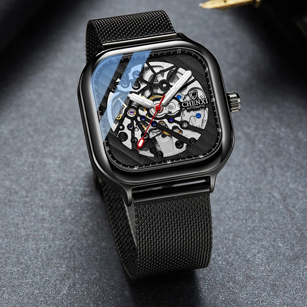 2023 New Fashion Square Watch Men Sports Watches CHENXI Fashion Skeleton Automatic Mechanical Wristwatches Men Reloj Hombre