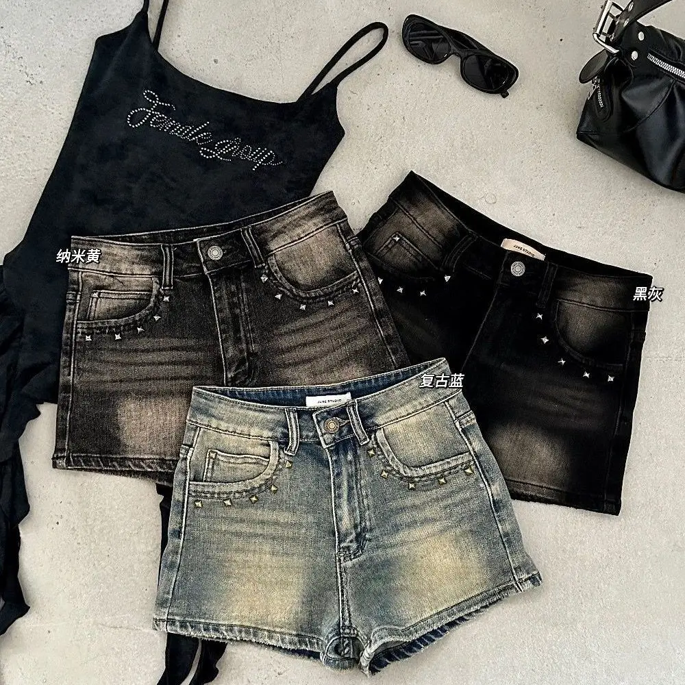 American Spice Girl Rivet Jeans High Waist Shorts Women's Summer Hip Wrap Hot Pants Super Short