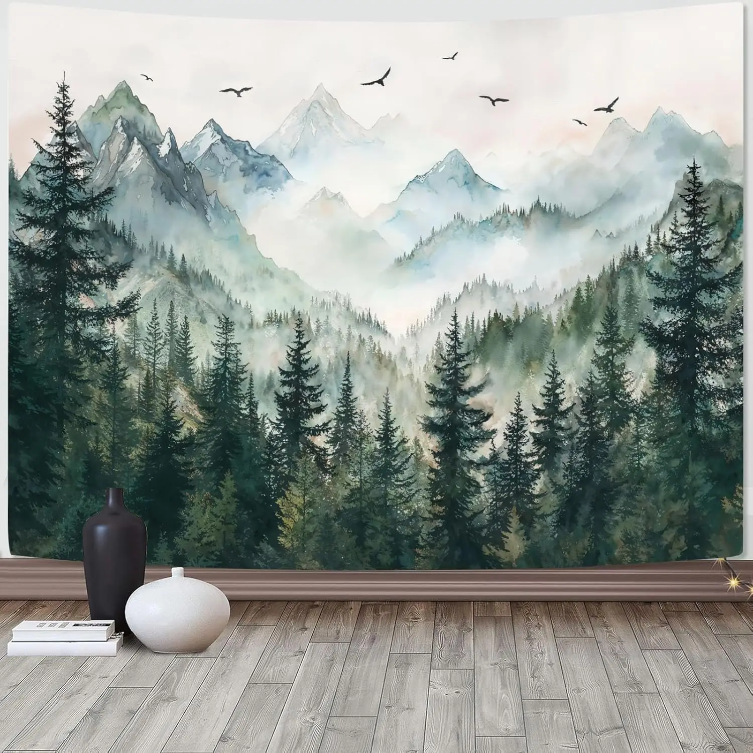 Misty Forest Mountain Tapestry Sage Green Nature Pine Tree Tapestry for Bedroom Aesthetic Watercolor Foggy Woodlands Birds
