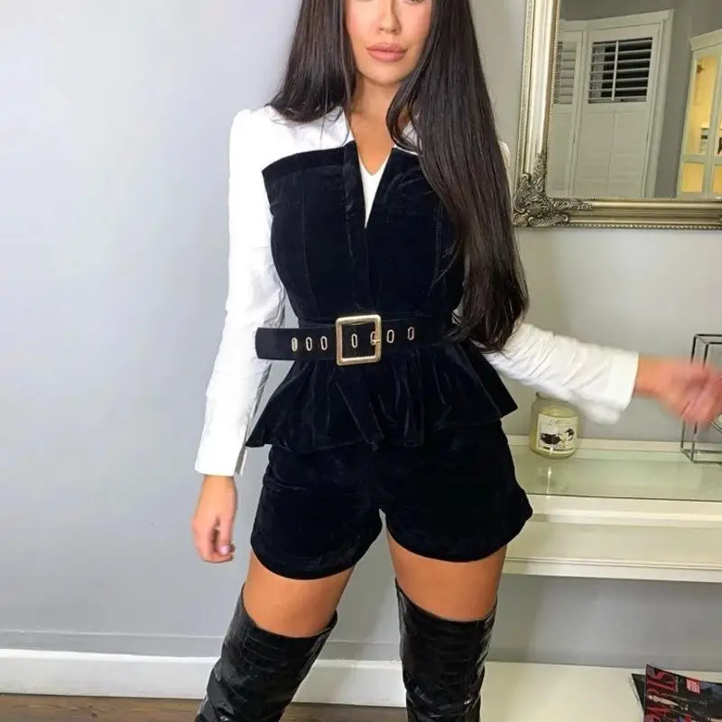 With Belt  Women Spring Spliced V Neck Blouses White Black Tops  Slim Pants Suits Elegant OL Ladies Office Set Formal Black