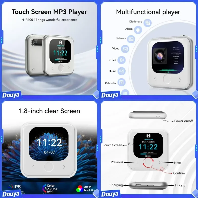 HBNKH 5Compact Square MP3 Player with Camera & Flashlight 40g Ultra-Light 500mAh Battery All-in-One Entertainment Device